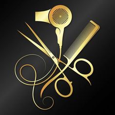 golden scissors and comb with swirls on black background stock photo ©ourvector