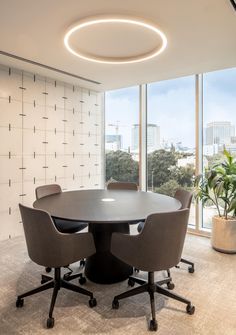 a round table with four chairs in front of a large window and cityscape