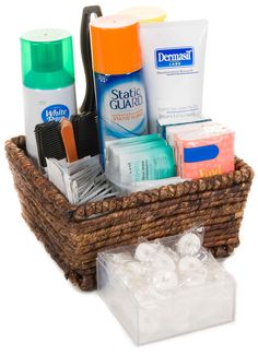 a brown basket filled with personal care items