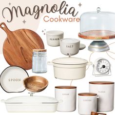 a collage of kitchen items with the words magnolia cookware written on them in brown and white