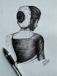 a black and white drawing of a woman's head with a bun in her hair