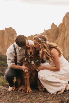 a bride and groom kissing their dog in the mountains