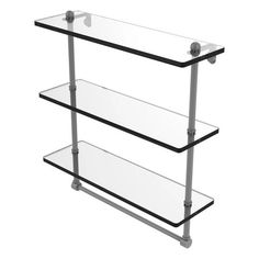 three tiered glass shelf with metal brackets on the bottom, and two shelves below