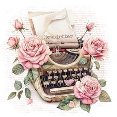 an old fashioned typewriter with pink roses on it and a white sheet that says news letter