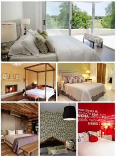 a collage of photos with different types of furniture and decor in them, including a bed