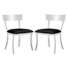 two white chairs with black seat covers on each one and the other side facing opposite directions