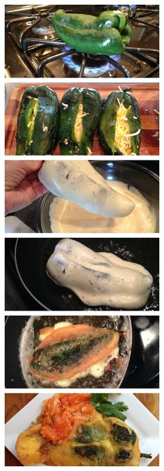 four different pictures of food being cooked on the stove