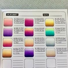 the color chart is displayed on top of a white paper with black writing and numbers