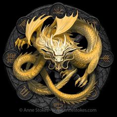 a golden dragon sitting on top of a black background