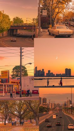 four different shots of the same city at different times of day and night, with cars driving down the street