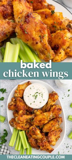 baked chicken wings with ranch dressing and celery sticks