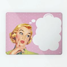 a magnet with a woman's face and thought bubble above it on a pink background