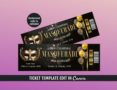 two black and gold masquerade ticket templates on purple background with text underneath