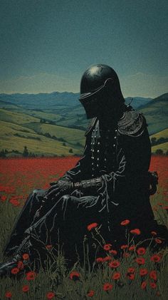 a painting of a person sitting in a field with red flowers and hills behind them