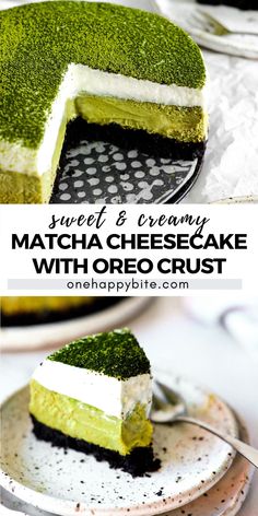 a slice of matcha cheesecake with oreo crust is shown on a plate