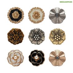 an assortment of decorative knobs in various styles and colors, including gold, silver, black, white and bronze