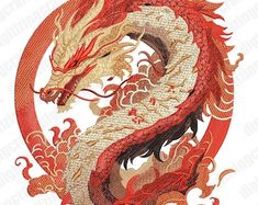 a red and white dragon sitting in the middle of a circle