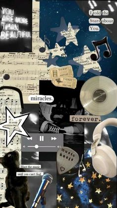 a collage of various items including headphones and music notes