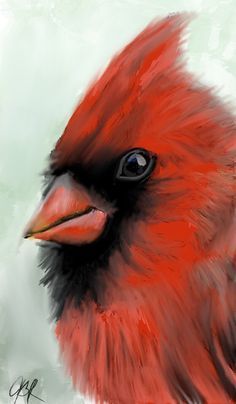 a painting of a red bird with black feathers