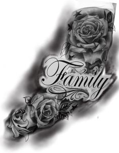 a black and white photo of a rose with the word family on it's arm