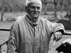 black and white photograph of an old man standing next to a fence with cows in the background