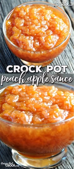 crock pot peach apple sauce in a glass bowl on a wooden table with text overlay