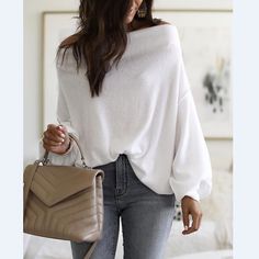 Ribbed Blouse, Streetwear Spring, Cold Shoulder Sweater, Top Streetwear, Off Shoulder Sweater, White Sweater, Trend Fashion, Lantern Sleeve, Casual Sweaters