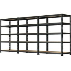 an empty metal shelving unit with four shelves on one side and two wooden shelves on the other