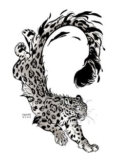 a black and white drawing of a leopard with its tail curled in the shape of a letter