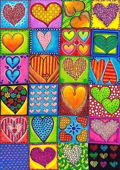 an art work with many different colors and shapes on it, including hearts in squares