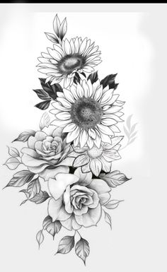 a black and white drawing of flowers with leaves on the bottom half of their arm