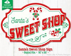 santa's sweet shop sign with candy canes in red and green on white wood background