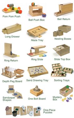 wooden toys are shown with names and pictures