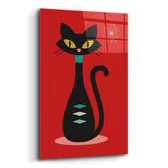 a black cat with yellow eyes sitting in front of a red background canvas wall art print