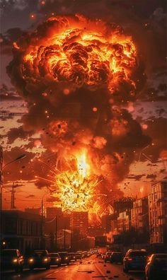 an image of a huge explosion in the sky with cars driving down the street below it