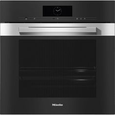 a black and silver oven with the word miele on it's front door