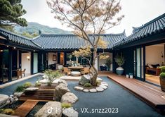 an outdoor area with rocks and trees in the foreground, surrounded by large stones