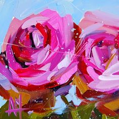 a painting of two pink roses on a blue background