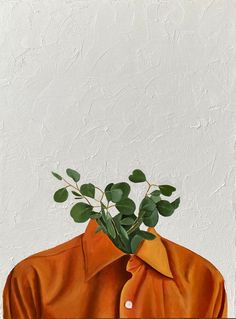 a painting of a man wearing an orange shirt and holding a plant in his mouth