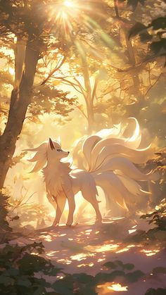 a white wolf standing in the middle of a forest with trees and sun shining down on it