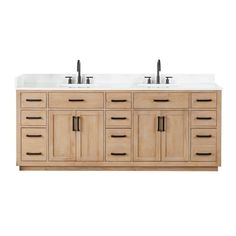 a double sink vanity with two sinks and no faucets on the counter top