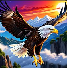 an eagle flying in the sky with mountains and clouds behind it on a sunset background