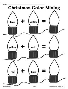 christmas color mixing worksheet for kids to learn how to use the light bulbs