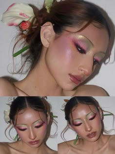 Makeup trends 2023 / 2024 Pastel makeup flower makeup Volume Cat Eye Lash Map, Fairy Makeup Pink, Makeup Pink Eyeshadow, Green Eyeshadow Makeup, Volume Cat Eye, Eyeshadow Green, Pastel Eyeshadow, Lash Map, Pastel Makeup