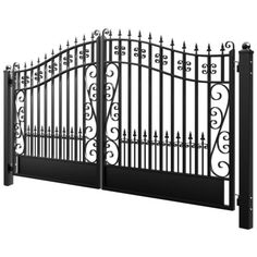 an iron gate with decorative designs on the top and bottom bars, set against a white background