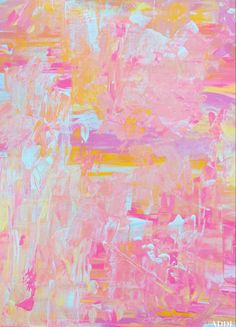 an abstract painting with pink, yellow and white colors