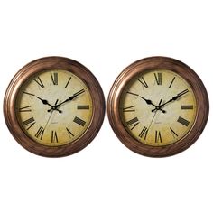 two wall clocks with roman numerals on them