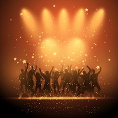 silhouettes of people dancing on stage with spotlights and stars in the background illustration