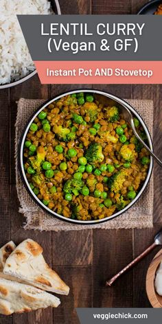 lentil curry vegan and gf instant pot and stovetop recipe on a wooden table