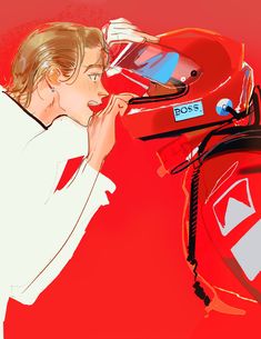 a drawing of a woman leaning on a red motorcycle with her hand to her face